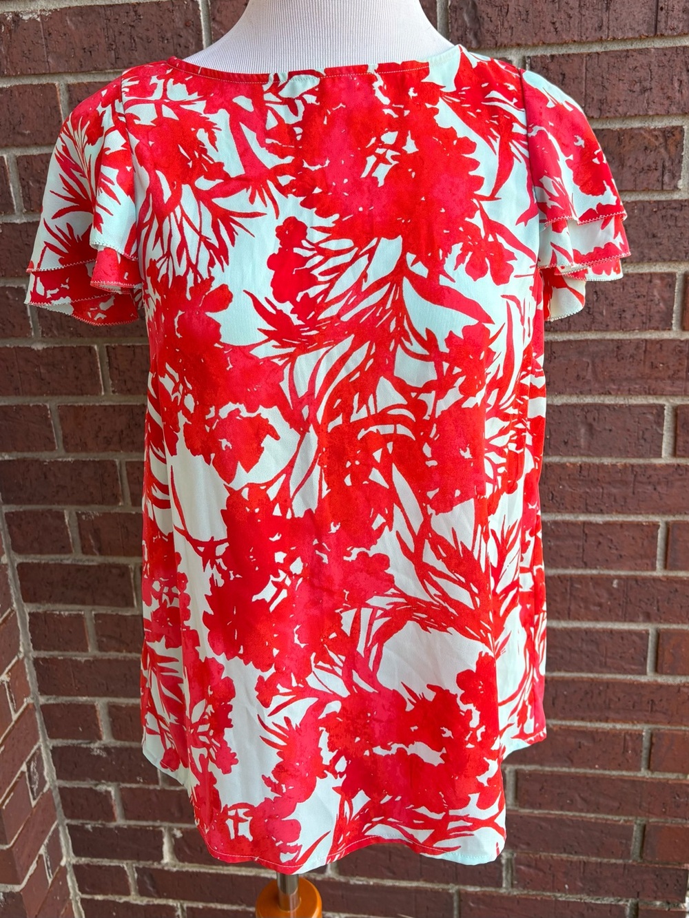 Banana Republic Red and White Floral Flutter-Sleeve Dress